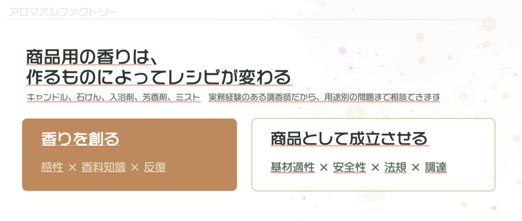 商品用の香りは、 作るものによってレシピが変わる
